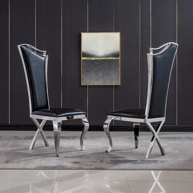 Modern Velvet Dining Chair Set of 2, Unique Backrest Design, Silver Mirrored Legs, Black/Blue