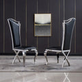 Modern Velvet Dining Chair Set of 2, Unique Backrest Design, Silver Mirrored Legs, Black/Blue