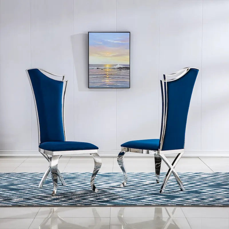 Modern Velvet Dining Chair Set of 2, Unique Backrest Design, Silver Mirrored Legs, Black/Blue