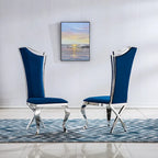 Modern Velvet Dining Chair Set of 2, Unique Backrest Design, Silver Mirrored Legs, Black/Blue