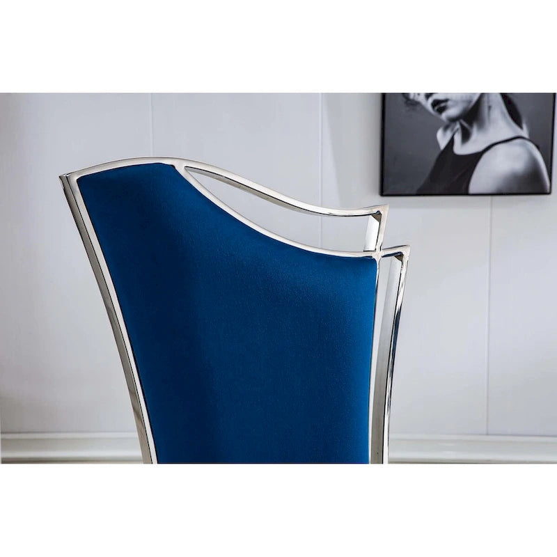 Modern Velvet Dining Chair Set of 2, Unique Backrest Design, Silver Mirrored Legs, Black/Blue