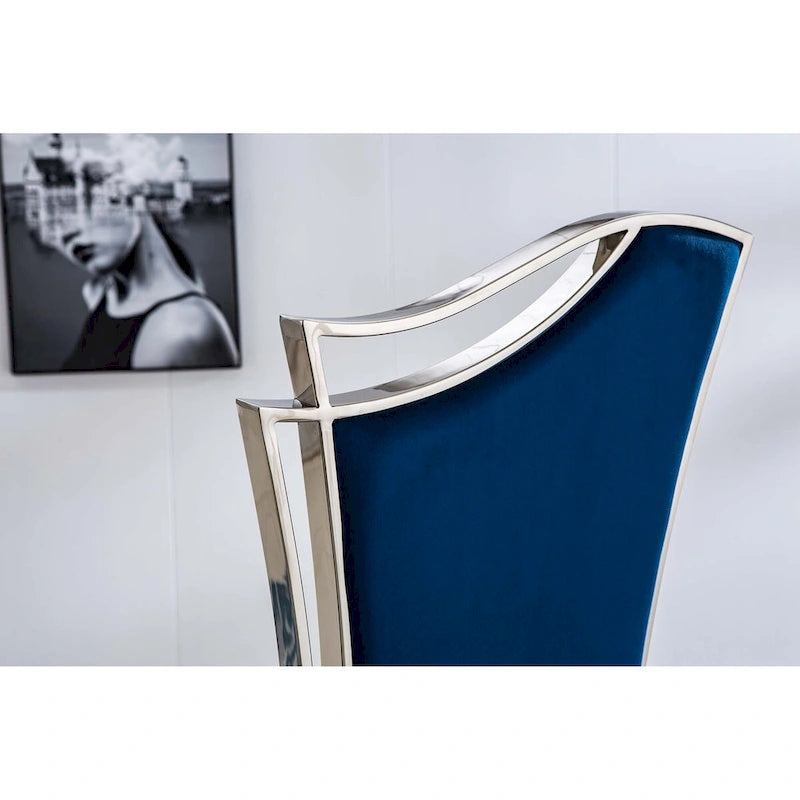Modern Velvet Dining Chair Set of 2, Unique Backrest Design, Silver Mirrored Legs, Black/Blue