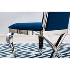 Modern Velvet Dining Chair Set of 2, Unique Backrest Design, Silver Mirrored Legs, Black/Blue