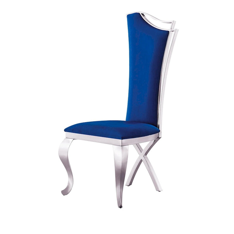 Modern Velvet Dining Chair Set of 2, Unique Backrest Design, Silver Mirrored Legs, Black/Blue