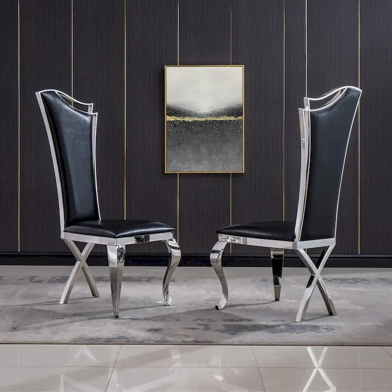 Modern Velvet Dining Chair Set of 2, Unique Backrest Design, Silver Mirrored Legs, Black/Blue