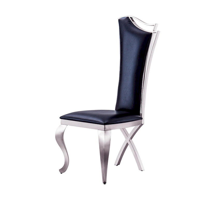 Modern Velvet Dining Chair Set of 2, Unique Backrest Design, Silver Mirrored Legs, Black/Blue