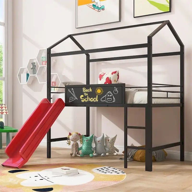 Twin Metal Cabin Loft Bed with Built-In Slide & Two-Sided Writable Wooden Board for Kids