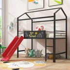 Twin Metal Cabin Loft Bed with Built-In Slide & Two-Sided Writable Wooden Board for Kids