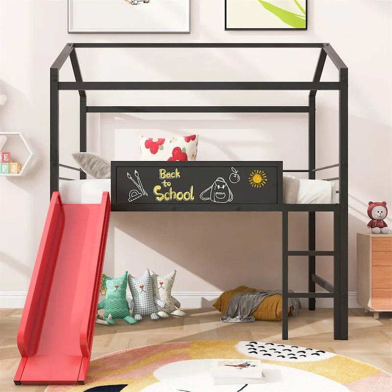 Twin Metal Cabin Loft Bed with Built-In Slide & Two-Sided Writable Wooden Board for Kids