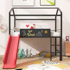 Twin Metal Cabin Loft Bed with Built-In Slide & Two-Sided Writable Wooden Board for Kids
