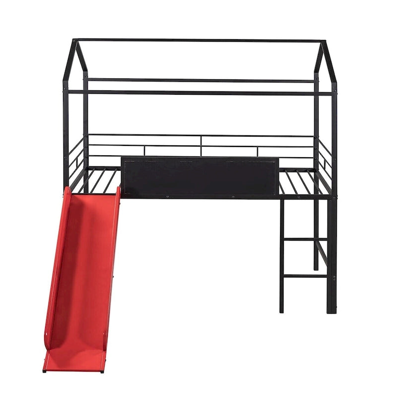 Twin Metal Cabin Loft Bed with Built-In Slide & Two-Sided Writable Wooden Board for Kids