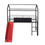 Twin Metal Cabin Loft Bed with Built-In Slide & Two-Sided Writable Wooden Board for Kids