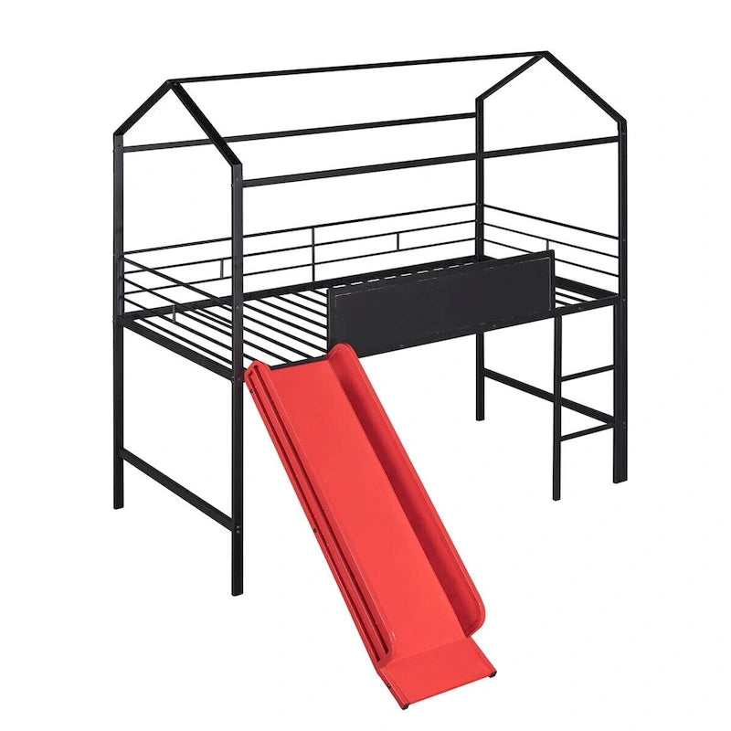 Twin Metal Cabin Loft Bed with Built-In Slide & Two-Sided Writable Wooden Board for Kids