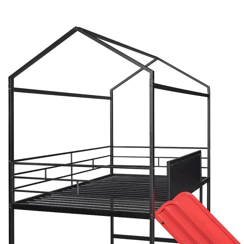 Merax Metal Twin House Loft Bed with Two-sided writable Wooden Board, Slide