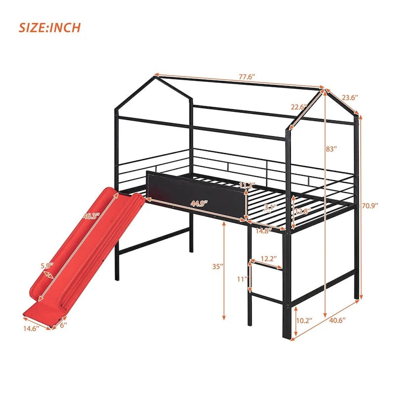 Twin Metal Cabin Loft Bed with Built-In Slide & Two-Sided Writable Wooden Board for Kids