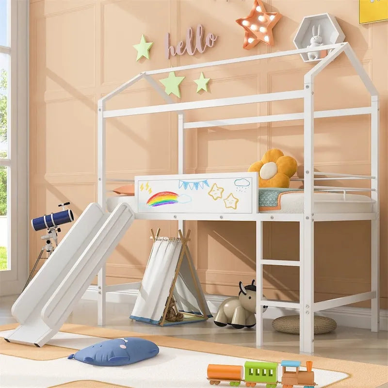 Twin Metal Cabin Loft Bed with Built-In Slide & Two-Sided Writable Wooden Board for Kids