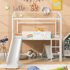 Twin Metal Cabin Loft Bed with Built-In Slide & Two-Sided Writable Wooden Board for Kids
