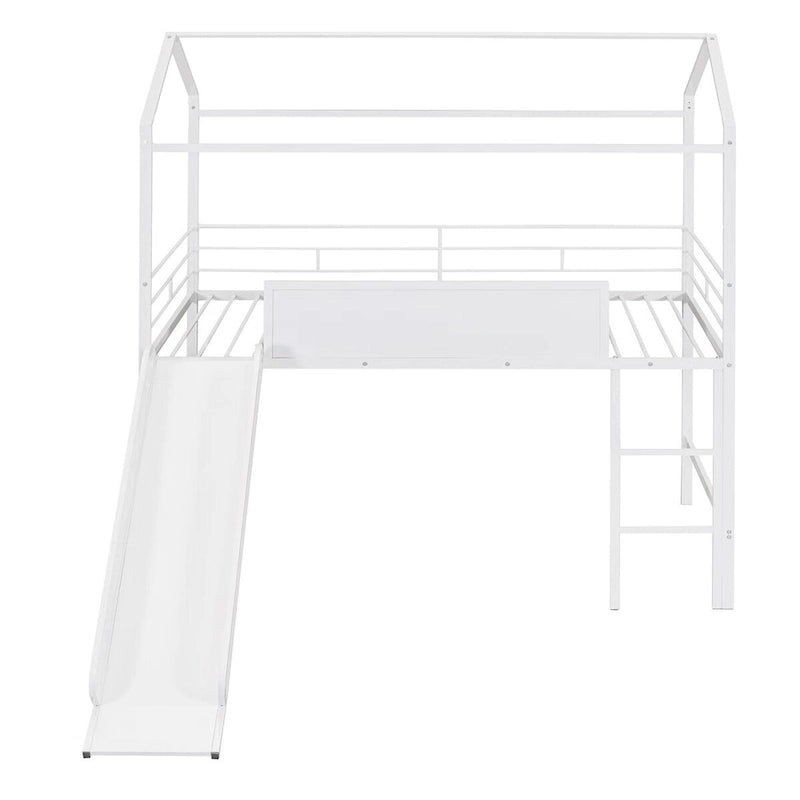 Twin Metal Cabin Loft Bed with Built-In Slide & Two-Sided Writable Wooden Board for Kids