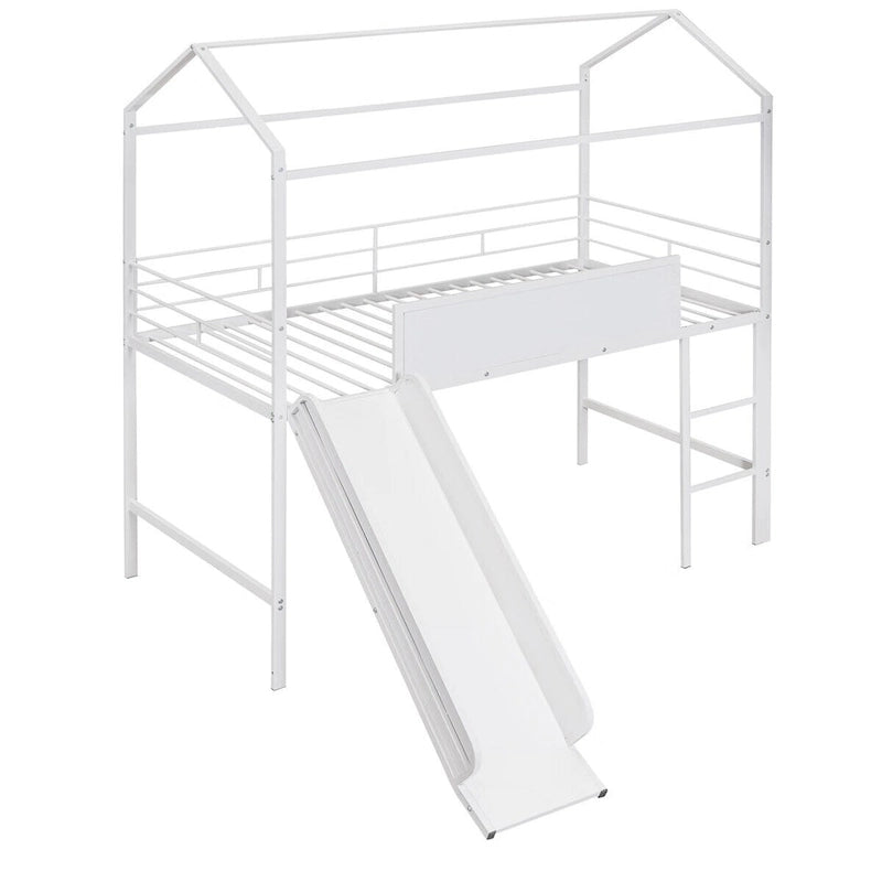 Twin Metal Cabin Loft Bed with Built-In Slide & Two-Sided Writable Wooden Board for Kids