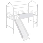 Twin Metal Cabin Loft Bed with Built-In Slide & Two-Sided Writable Wooden Board for Kids