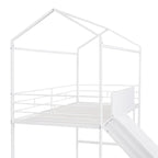 Twin Metal Cabin Loft Bed with Built-In Slide & Two-Sided Writable Wooden Board for Kids