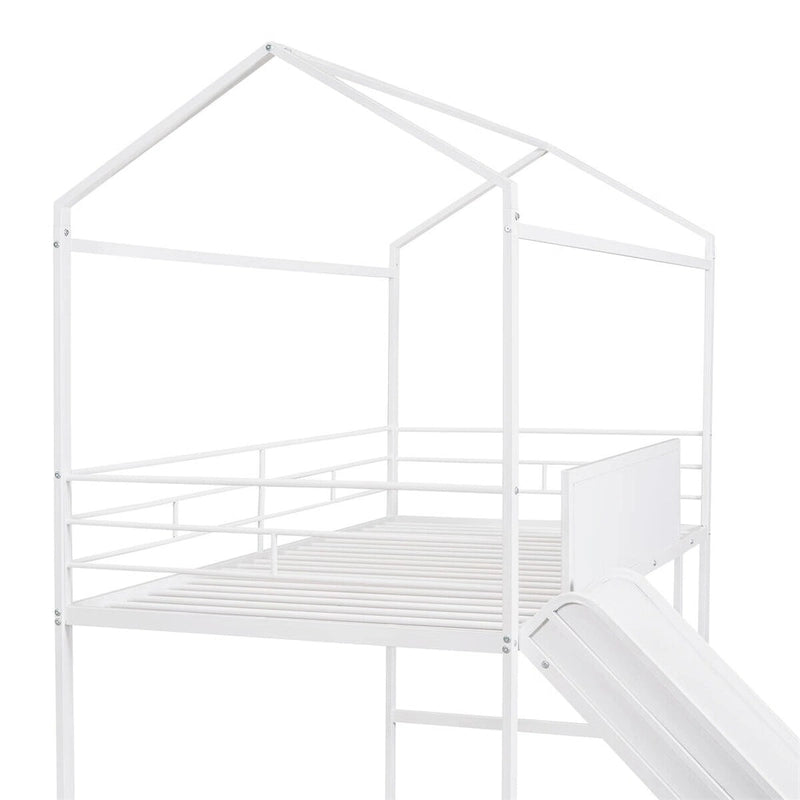 Twin Metal Cabin Loft Bed with Built-In Slide & Two-Sided Writable Wooden Board for Kids