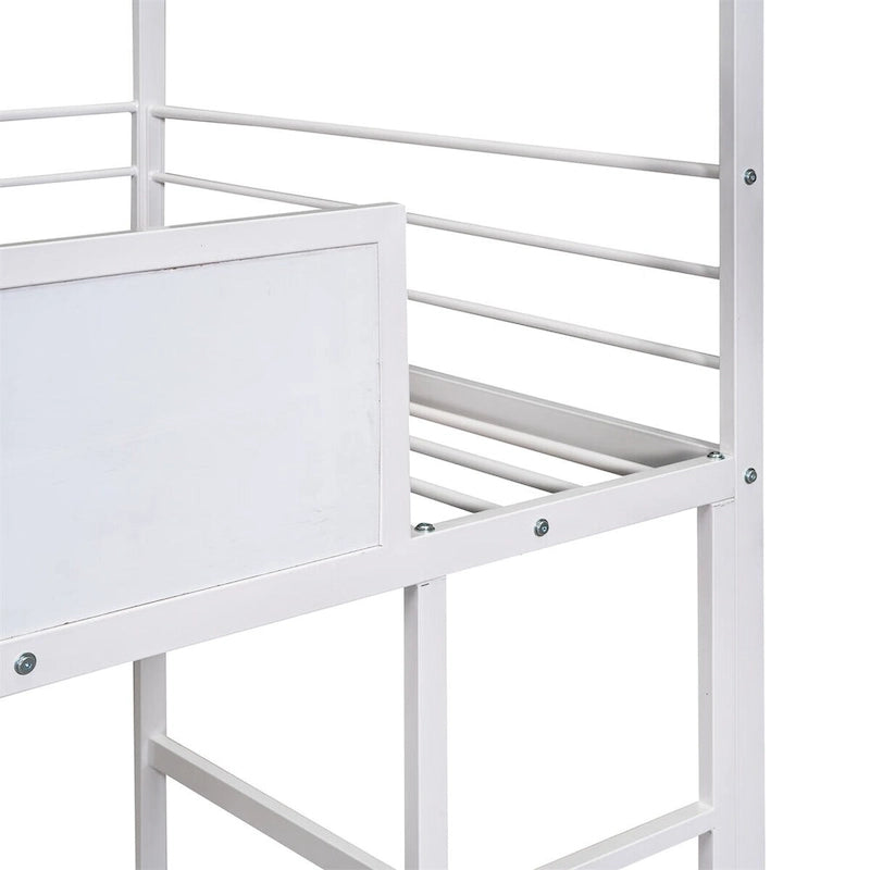 Twin Metal Cabin Loft Bed with Built-In Slide & Two-Sided Writable Wooden Board for Kids