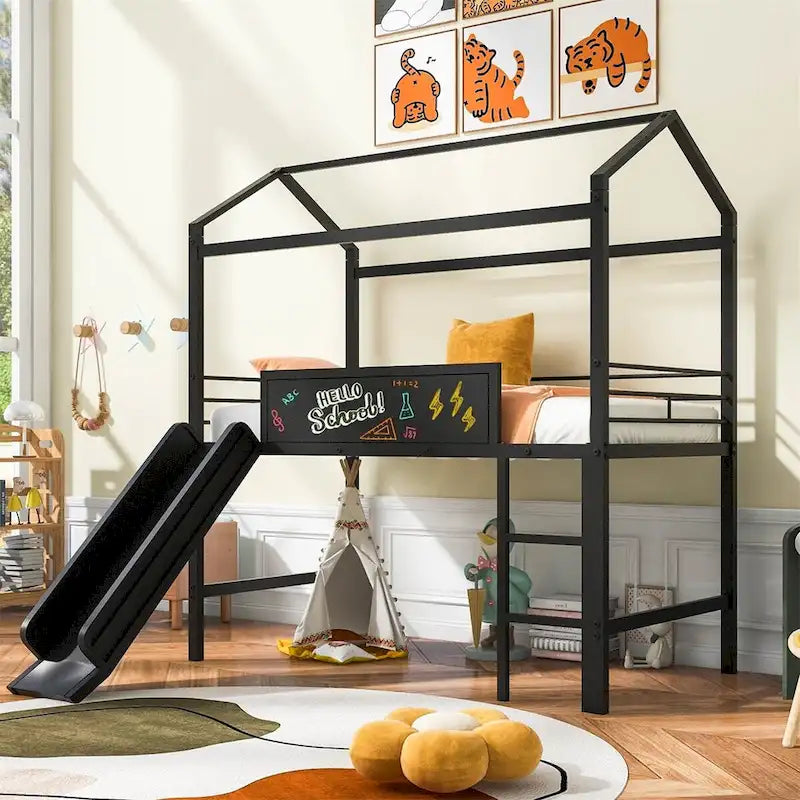 Twin Metal Cabin Loft Bed with Built-In Slide & Two-Sided Writable Wooden Board for Kids