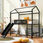 Twin Metal Cabin Loft Bed with Built-In Slide & Two-Sided Writable Wooden Board for Kids