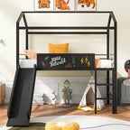 Twin Metal Cabin Loft Bed with Built-In Slide & Two-Sided Writable Wooden Board for Kids