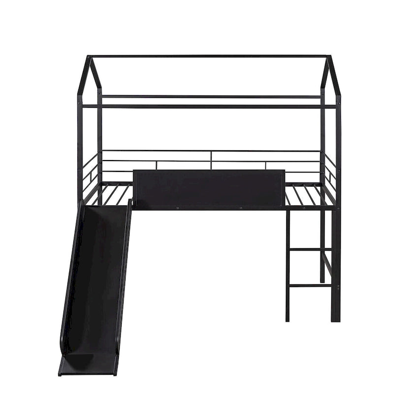 Twin Metal Cabin Loft Bed with Built-In Slide & Two-Sided Writable Wooden Board for Kids