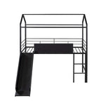 Twin Metal Cabin Loft Bed with Built-In Slide & Two-Sided Writable Wooden Board for Kids