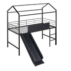 Twin Metal Cabin Loft Bed with Built-In Slide & Two-Sided Writable Wooden Board for Kids