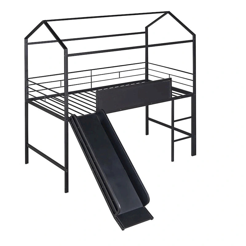 Twin Metal Cabin Loft Bed with Built-In Slide & Two-Sided Writable Wooden Board for Kids