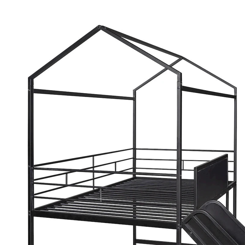 Twin Metal Cabin Loft Bed with Built-In Slide & Two-Sided Writable Wooden Board for Kids