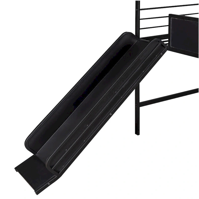 Twin Metal Cabin Loft Bed with Built-In Slide & Two-Sided Writable Wooden Board for Kids
