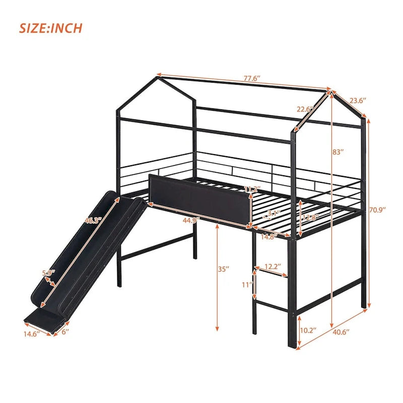Twin Metal Cabin Loft Bed with Built-In Slide & Two-Sided Writable Wooden Board for Kids