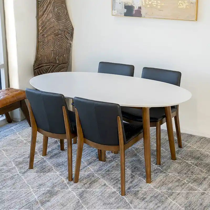 5-Piece Mid-Century Oval Solid Wood Dining Set with 4 Vegan Leather Chairs, High-Density Foam