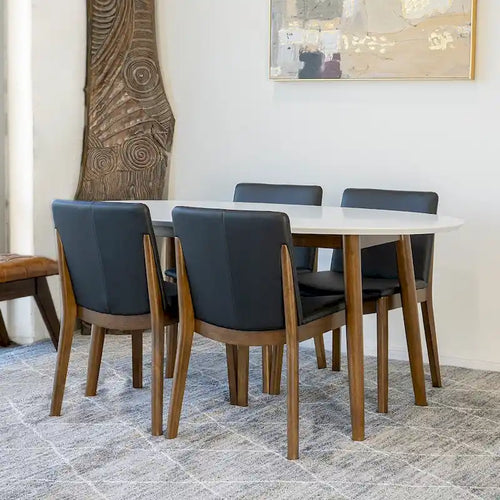 5-Piece Mid-Century Oval Solid Wood Dining Set with 4 Vegan Leather Chairs, High-Density Foam