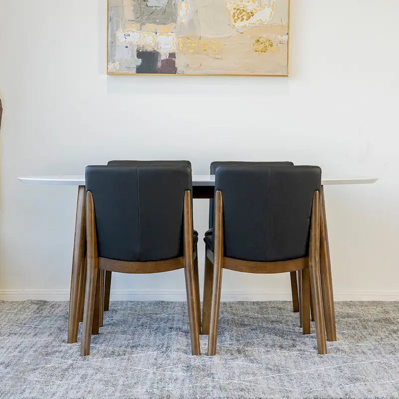 5-Piece Mid-Century Oval Solid Wood Dining Set with 4 Vegan Leather Chairs, High-Density Foam