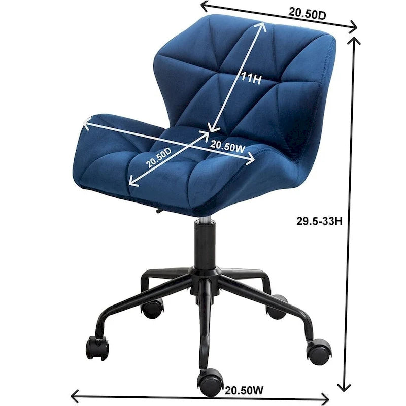 Diamond Tufted Velvet Armless Swivel Office Chair, 360° Rotation, Pneumatic Gas Lift, 4 Colors