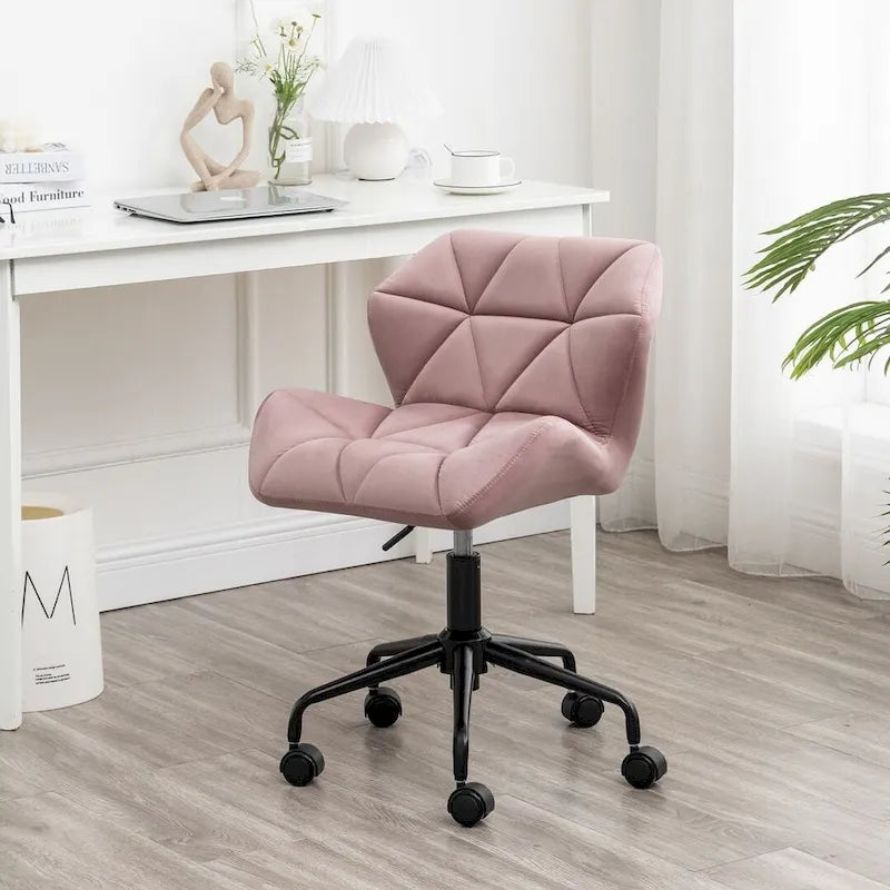 Diamond Tufted Velvet Armless Swivel Office Chair, 360° Rotation, Pneumatic Gas Lift, 4 Colors