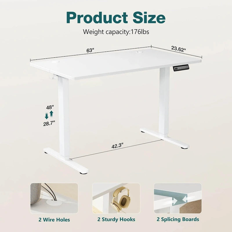 Electric Height Adjustable Standing Desk with Memory Settings, Wiring Holes, 176 lb Capacity