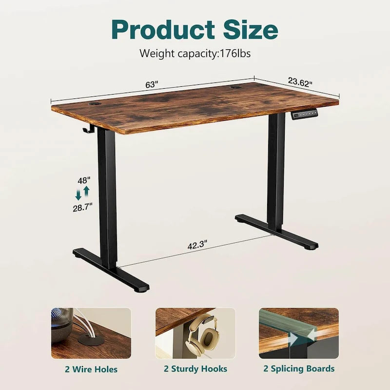Electric Height Adjustable Standing Desk with Memory Settings, Wiring Holes, 176 lb Capacity