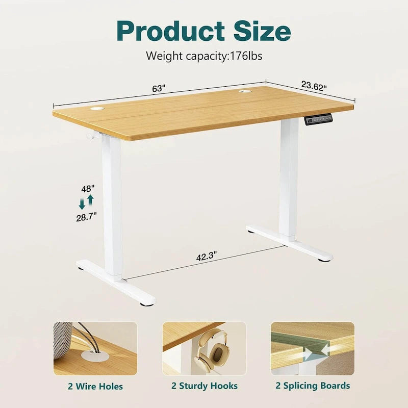 Electric Height Adjustable Standing Desk with Memory Settings, Wiring Holes, 176 lb Capacity