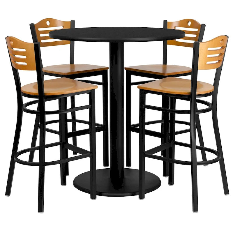 36" Round Bar Height Dining Table Set with 4 Metal Stools, Natural Wood Seat, Heat & Scratch Resistant