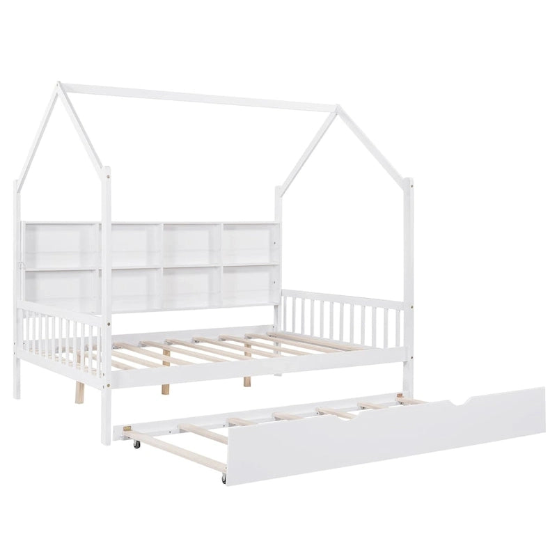 Full Solid Wood House Day Bed with Trundle