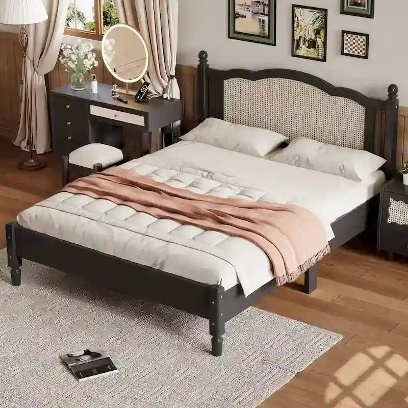 Queen Size Wooden Platform Bed with Natural Rattan Headboard