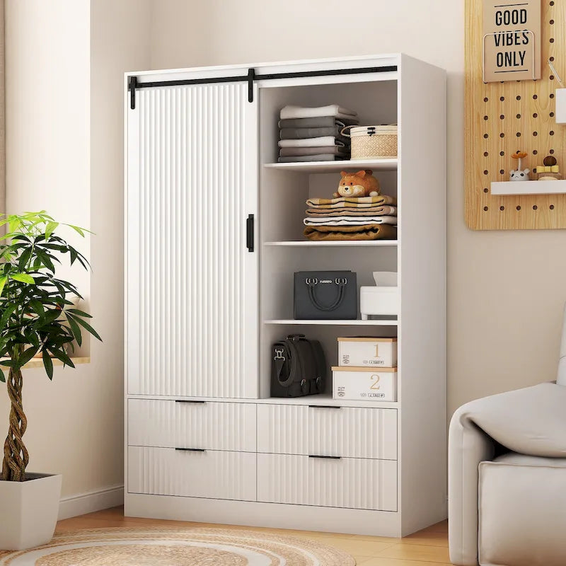 Tall Bedroom Armoire Wardrobe with Sliding Barn Door, 4 Drawers & 4 Open Shelves, White