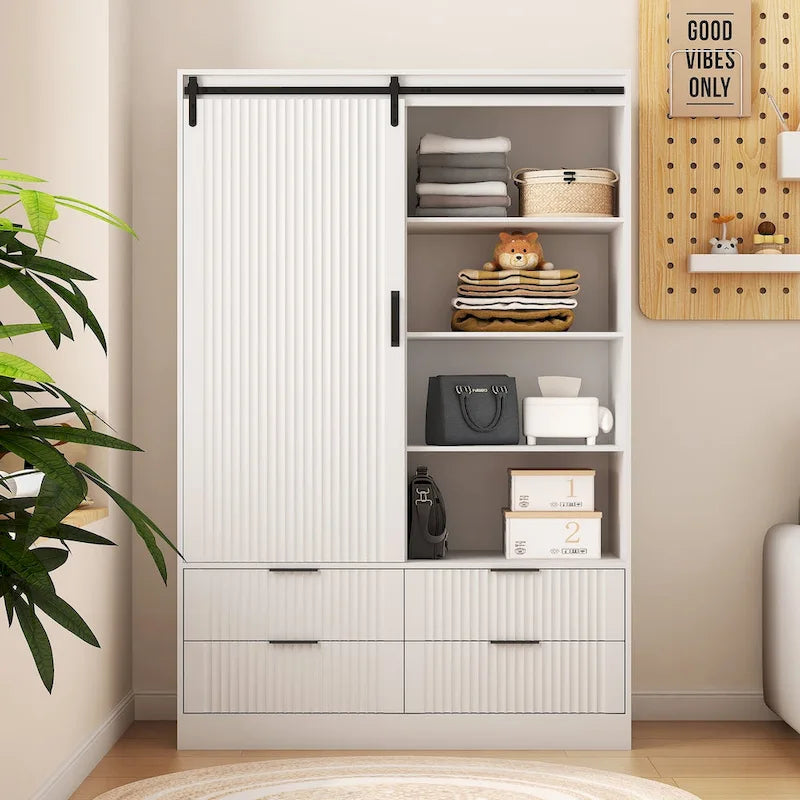 Tall Bedroom Armoire Wardrobe with Sliding Barn Door, 4 Drawers & 4 Open Shelves, White